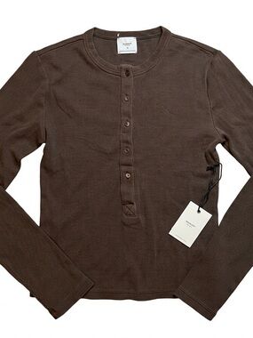 Academy Women Brown Ribbed Henley Long Sleeve Shirt NWT